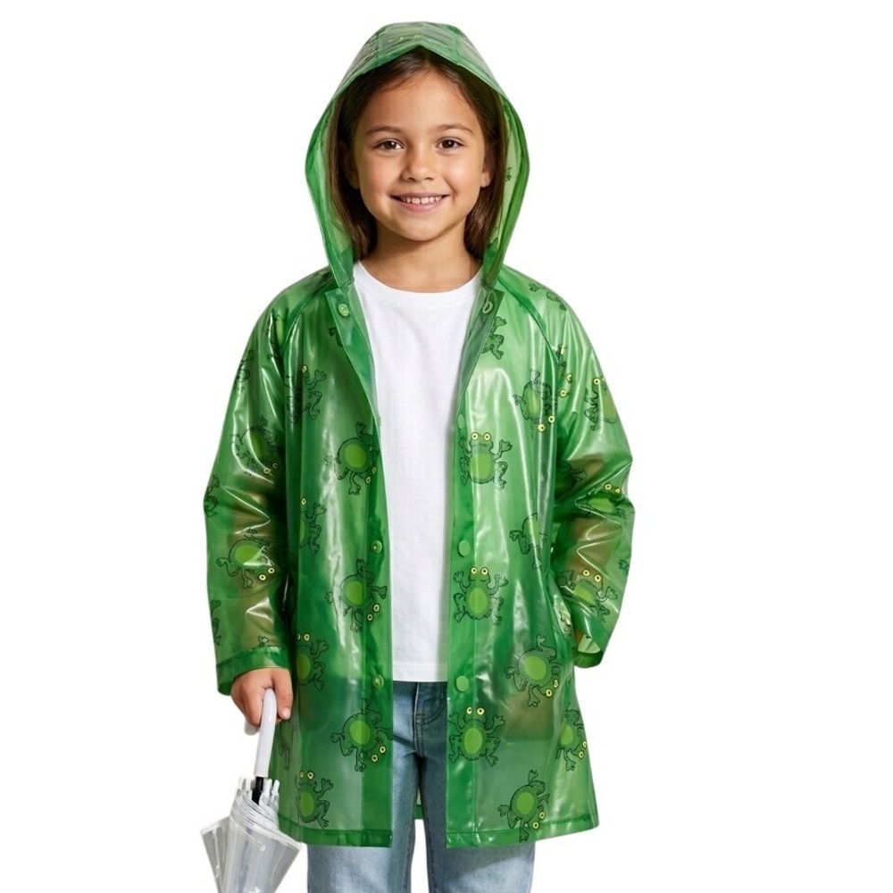 Kids Green Frog Print‎ Hooded Raincoat Vinyl Snap Front Slicker size 4T